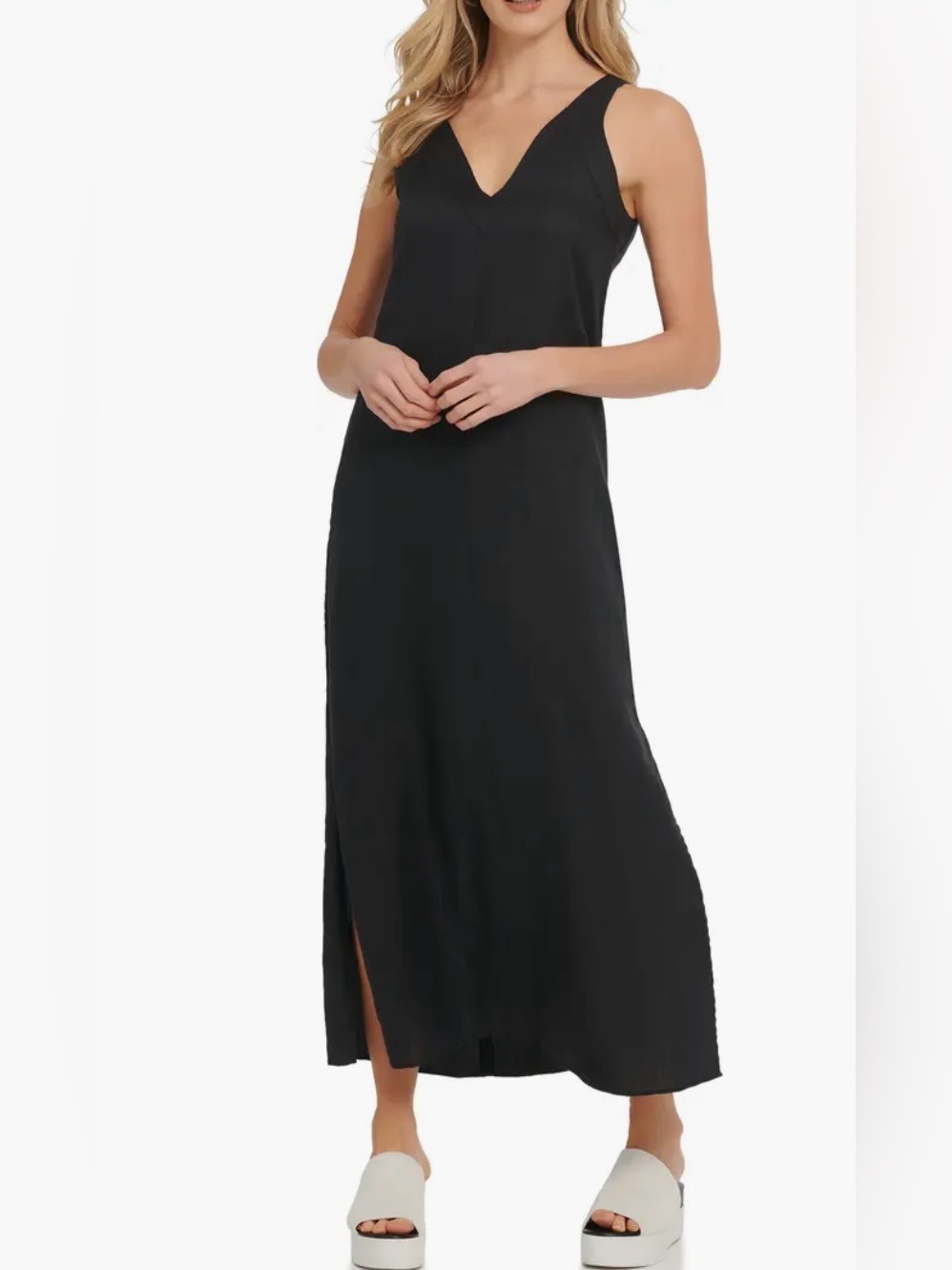 Dkny Linen / Viscose Black V-Neck Maxi Dress
